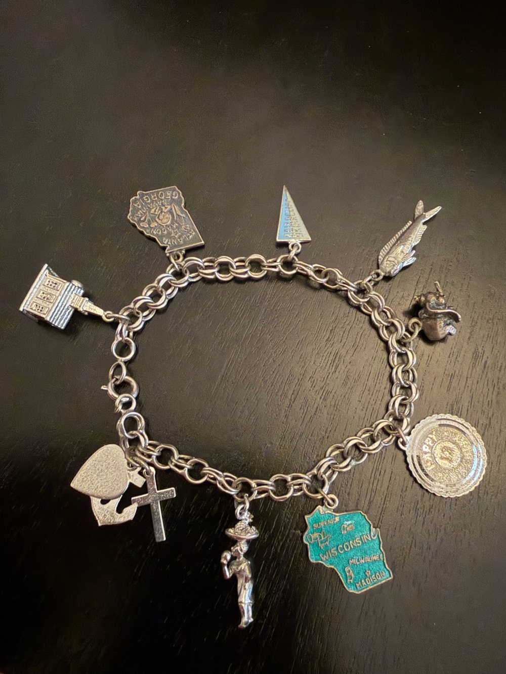 Vintage Silver Charm Bracelet with Teal Wisconsin Charm - Unbranded